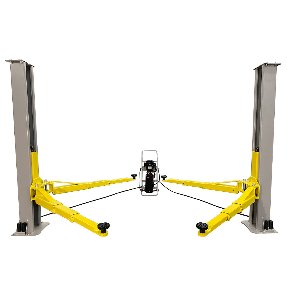 Triumph C-7000 portable two-post lift with yellow swing arms and center power unit