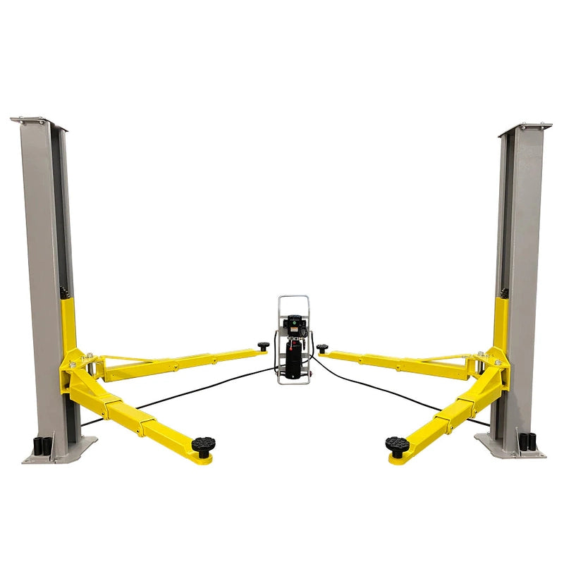 Triumph C-7000 portable two-post lift with yellow swing arms and center power unit