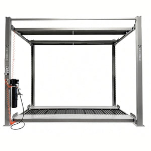 Top and middle runways raised at storage heights, Triumph decals and 10,000 lb capacity label on columns