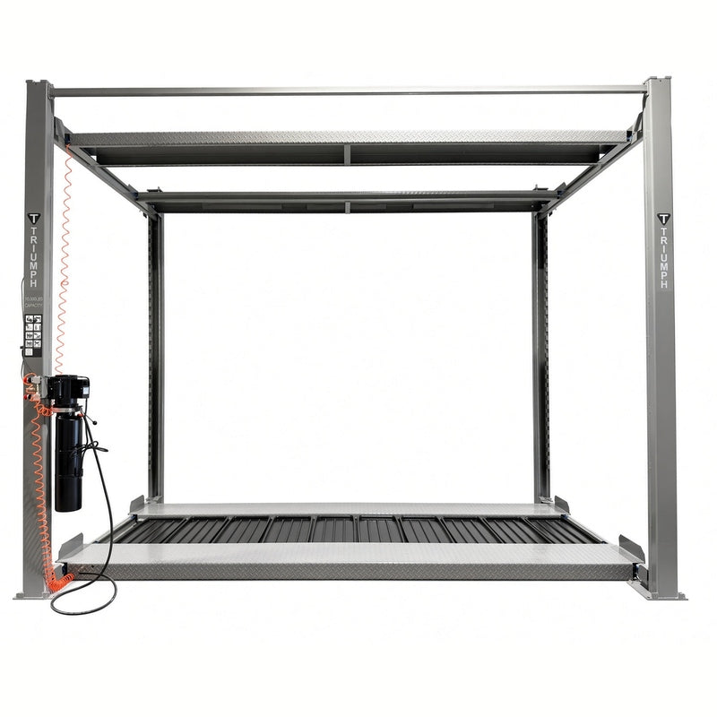 Top and middle runways raised at storage heights, Triumph decals and 10,000 lb capacity label on columns