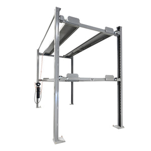 Three-quarter view of the raised lift showing columns and air line