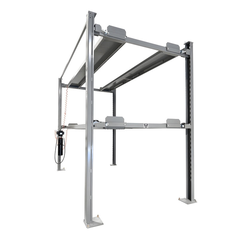 Three-quarter view of the raised lift showing columns and air line