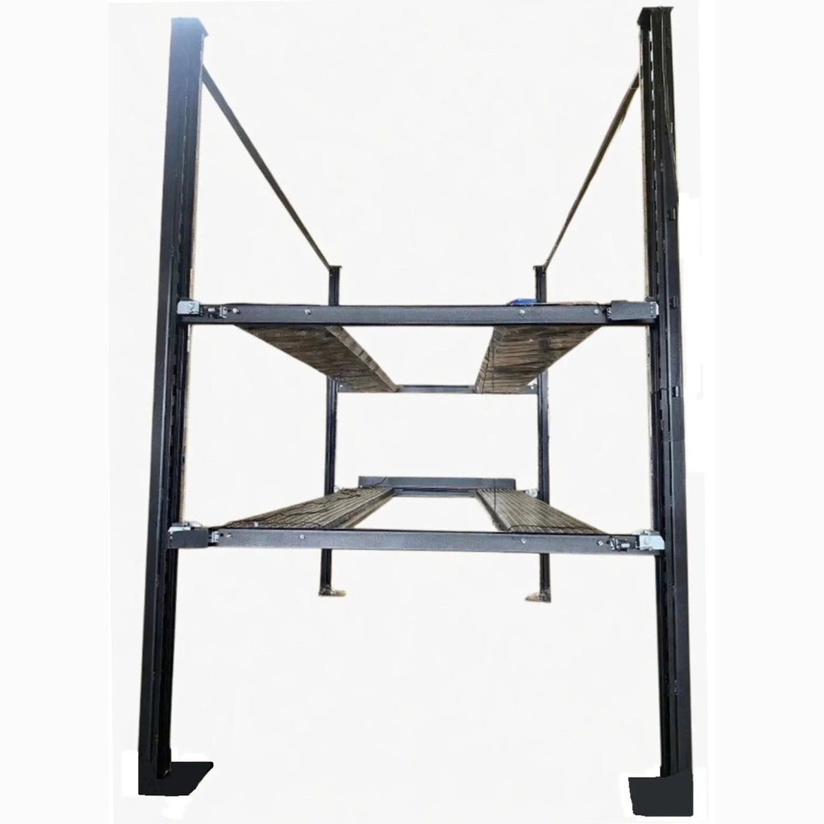 Triumph NSS-5x2 double-stacker four-post storage lift with two stacked runways, end view