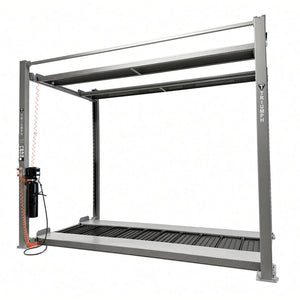 Triumph NSS-5x2 triple-stacker four-post lift, front view with both storage runways raised