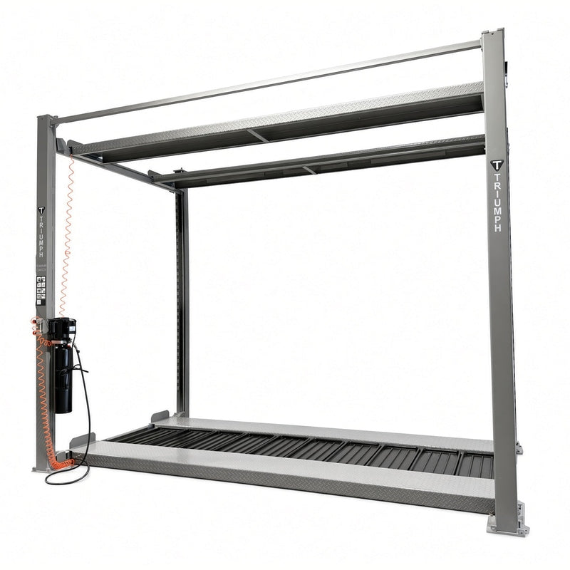 Triumph NSS-5x2 triple-stacker four-post lift, front view with both storage runways raised