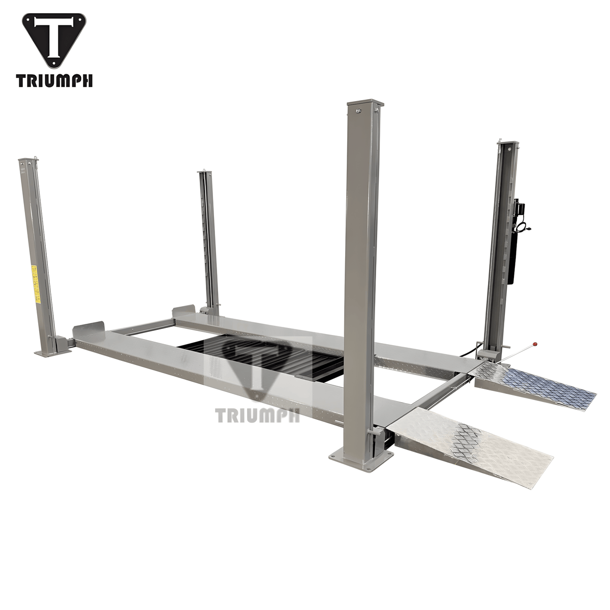 Triumph NSS-8 4-post lift, 3/4 angle view showing four-column structure and lock columns