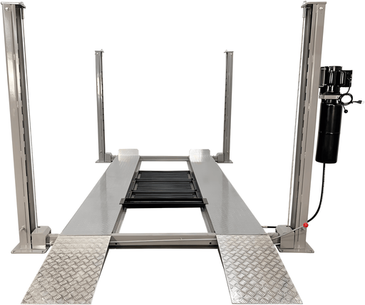 Triumph NSS-8 8,000 lb 4-post auto lift, grey, with aluminum approach ramps and jack tray on runways
