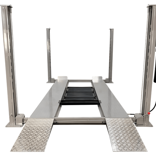 Triumph NSS-8 8,000 lb 4-post auto lift, grey, with aluminum approach ramps and jack tray on runways