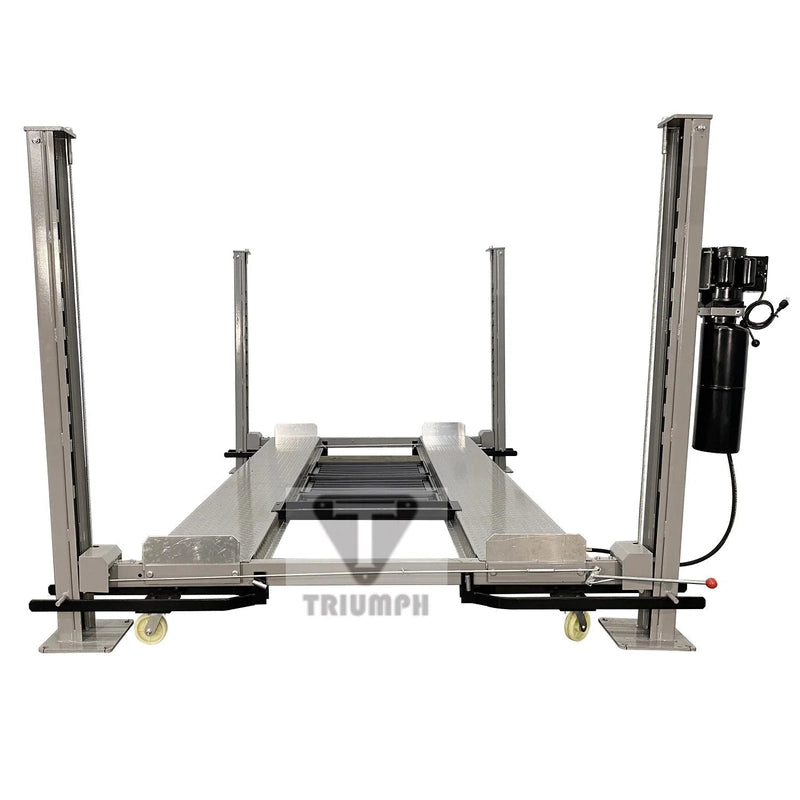 Triumph NSS-8 grey four-post storage lift raised on aluminum runways with a column-mounted power unit