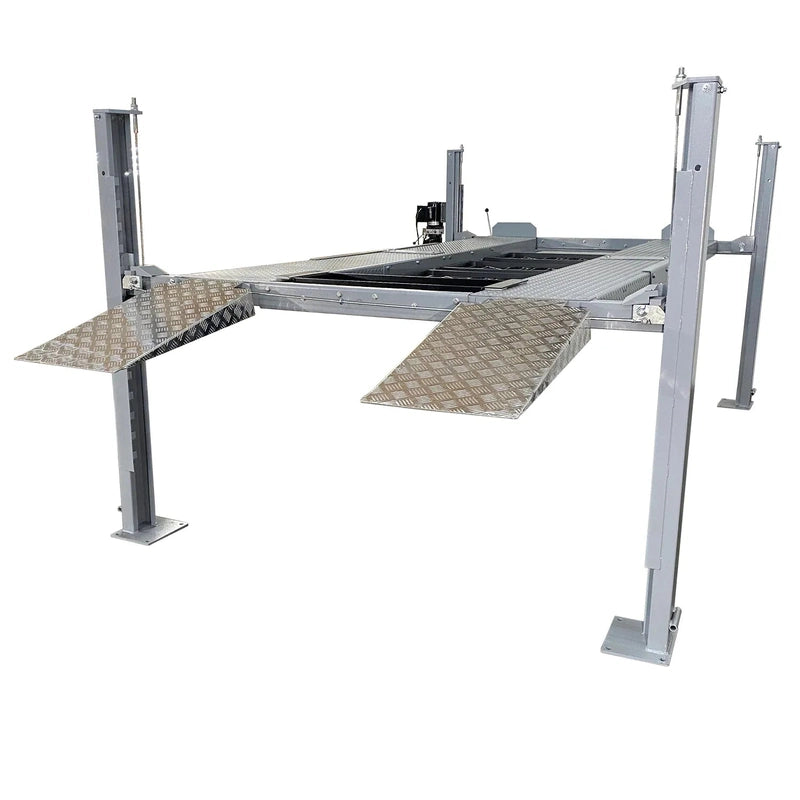 Triumph NSS-8 X1 four-post lift 3/4 view, floor-mounted base plates with ramps lowered