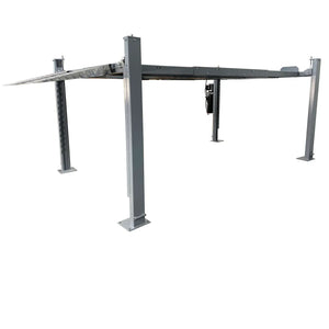 Triumph NSS-8 X1 four-post lift side-angle view with diamond-plate runways