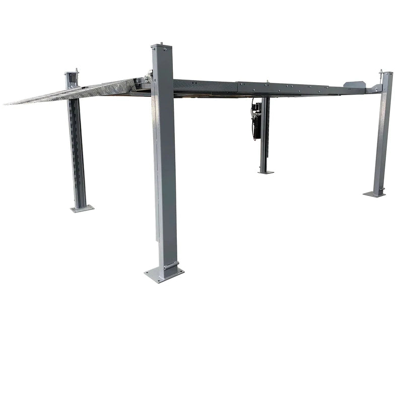 Triumph NSS-8 X1 four-post lift side-angle view with diamond-plate runways