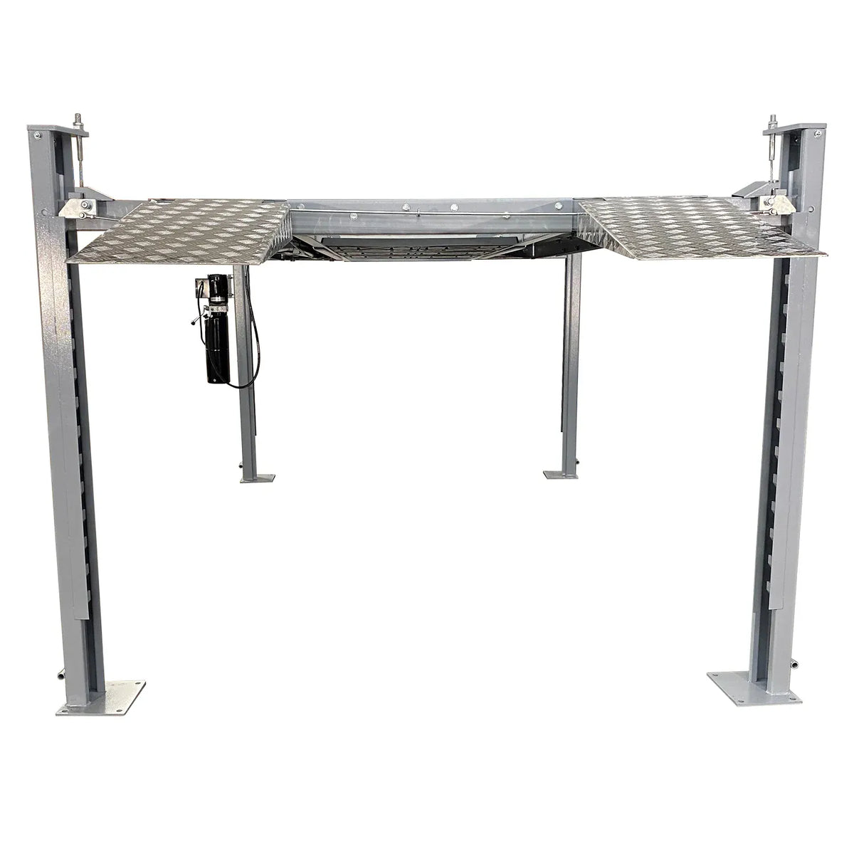 Triumph NSS-8 X1 four-post lift raised showing column locking ladder and hydraulic power unit
