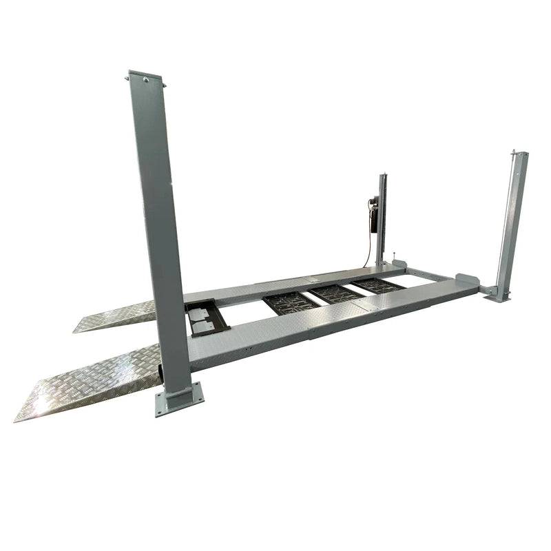 Triumph NSS-8 X1 four-post lift elevated 3/4 view showing diamond-plate runways and drip trays