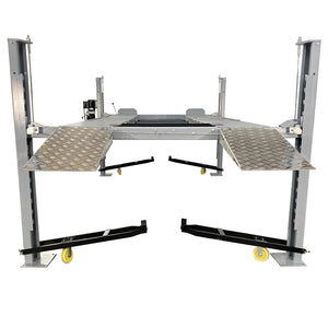Triumph NSS-8 X1 four-post storage lift, front view with caster kit and ramps raised