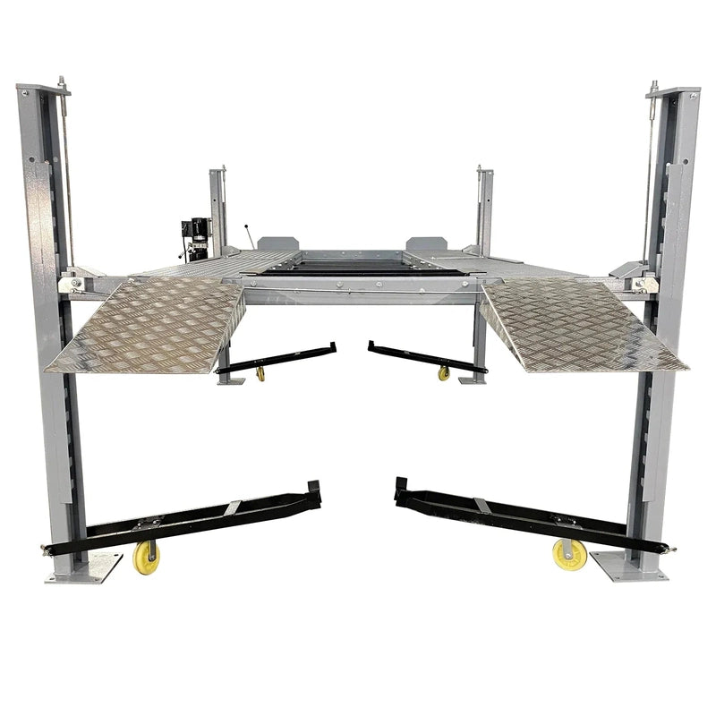 Triumph NSS-8 X1 four-post storage lift, front view with caster kit and ramps raised