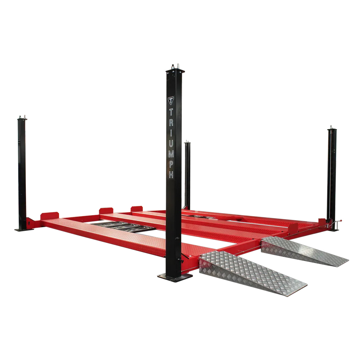 Four-post lift deck with two red diamond-plate runway lanes and two silver drive-on approach ramps