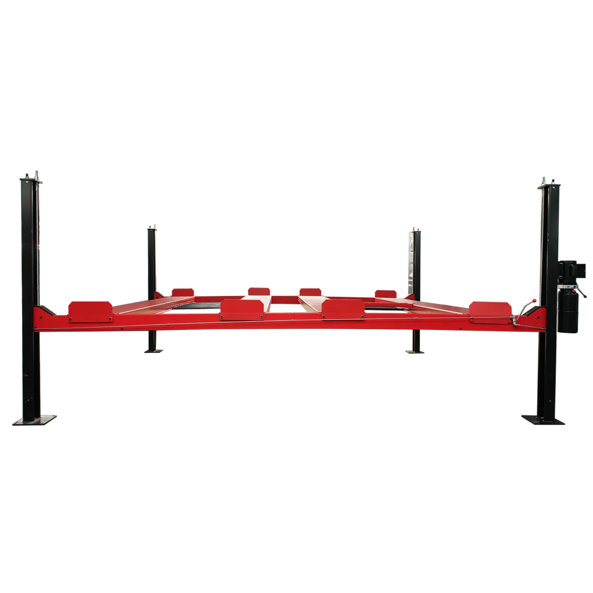 Four-post storage lift front view, low-profile lowered stance with red diamond-plate runways