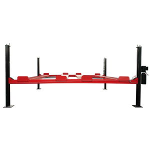 Four-post storage lift front view, low-profile lowered stance with red diamond-plate runways