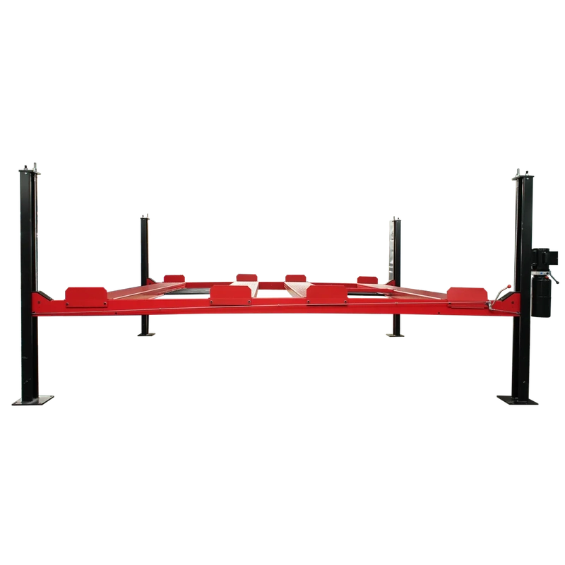 Four-post storage lift front view, low-profile lowered stance with red diamond-plate runways