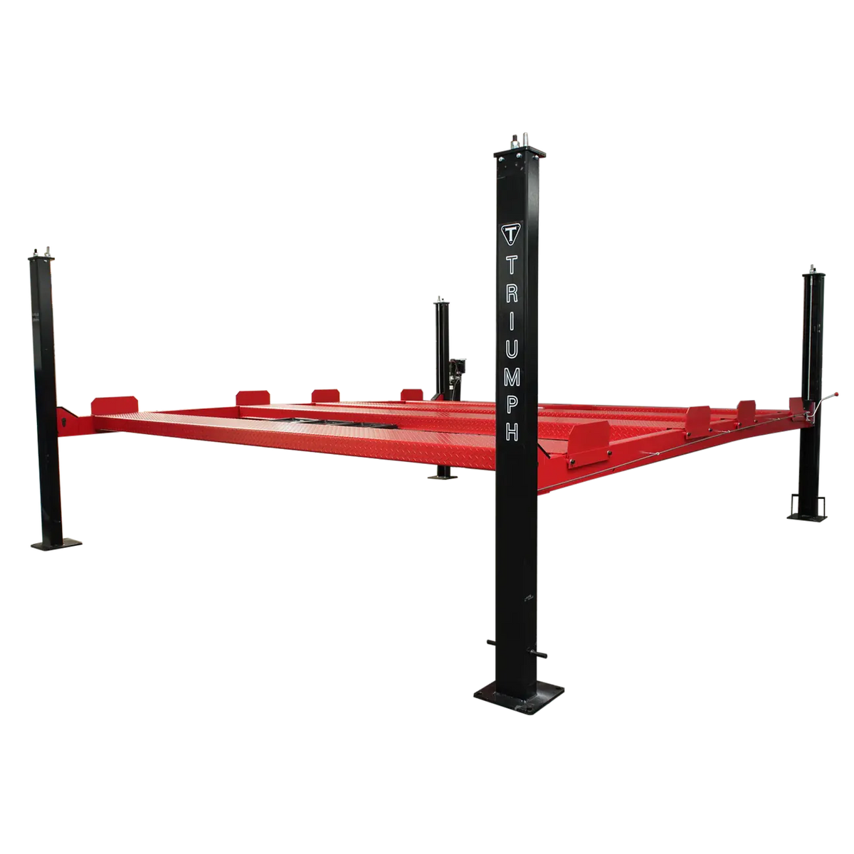 Triumph NSS9000 double-wide four-post storage lift, lowered, branded black columns and red diamond-plate runways