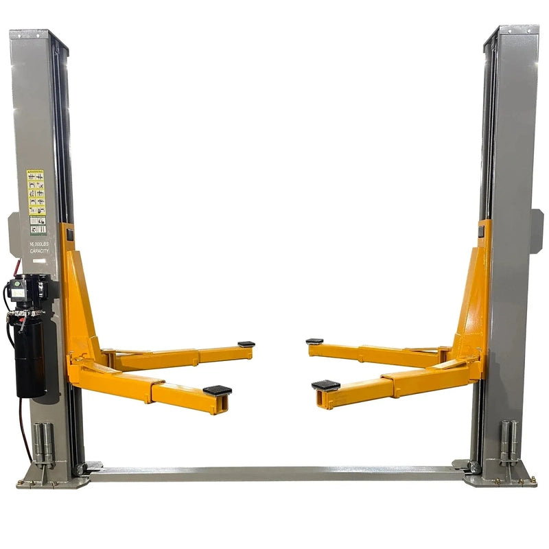 Triumph NT-16 floor-plate two-post auto lift, front view with 16,000 lb capacity label on column