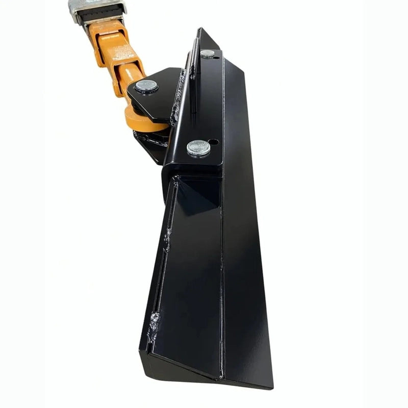 Black steel wheel support adapter attached to an orange two-post lift arm