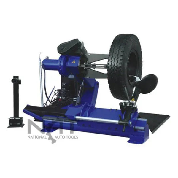 Triumph NTC-690 heavy-duty tire changer with mounted truck wheel, side view
