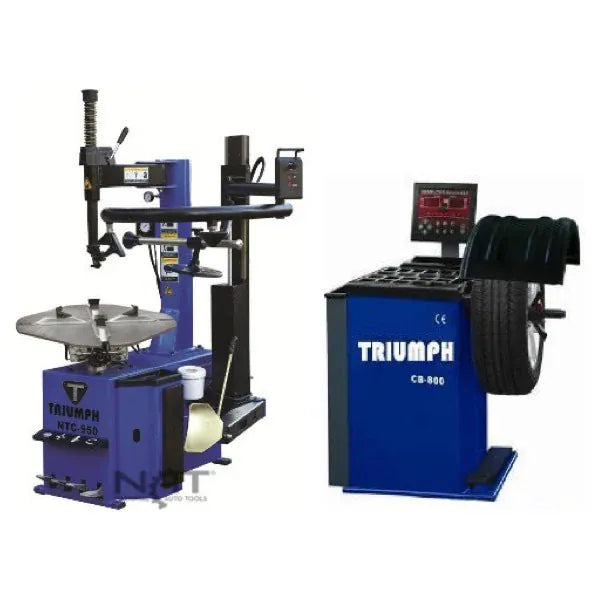 Blue Triumph tire changer with assist arm and tower beside a Triumph wheel balancer with digital display