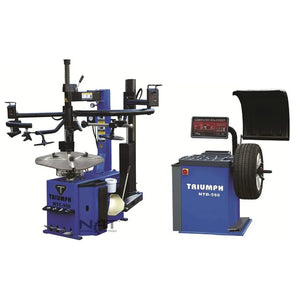 Triumph NTC-950-2 tire changer with dual assist arms beside the NTB-550 computer wheel balancer