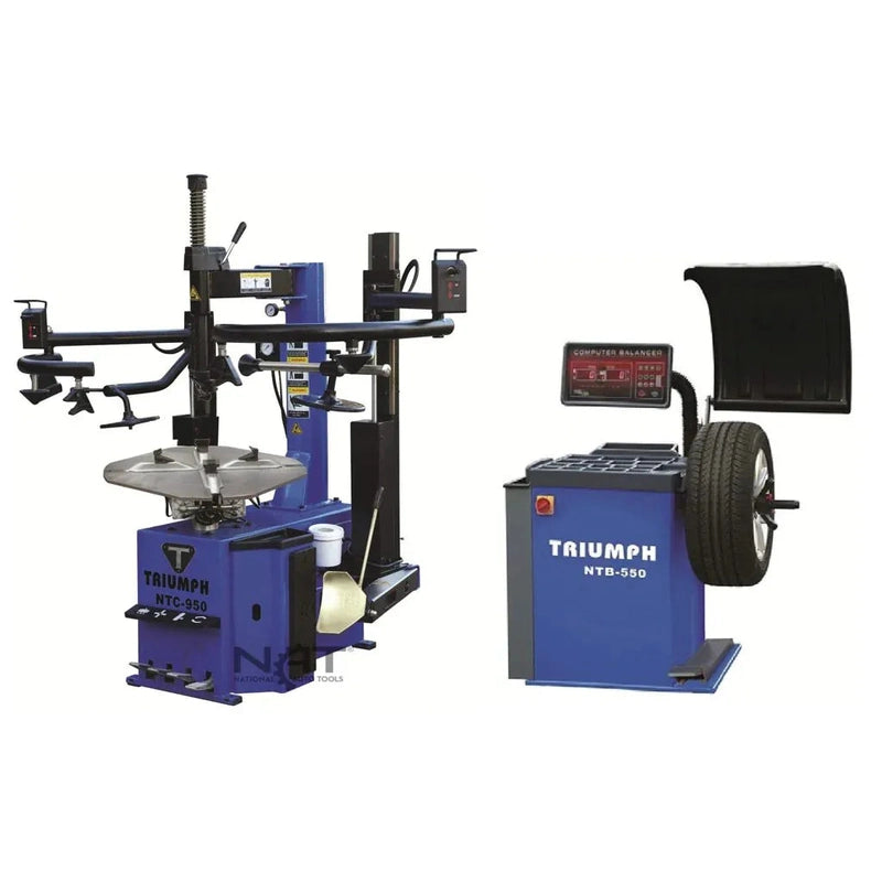 Triumph NTC-950-2 tire changer with dual assist arms beside the NTB-550 computer wheel balancer