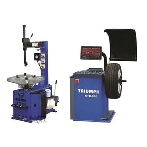 Triumph NTC-950 tire changer and NTB-550 wheel balancer shown side by side