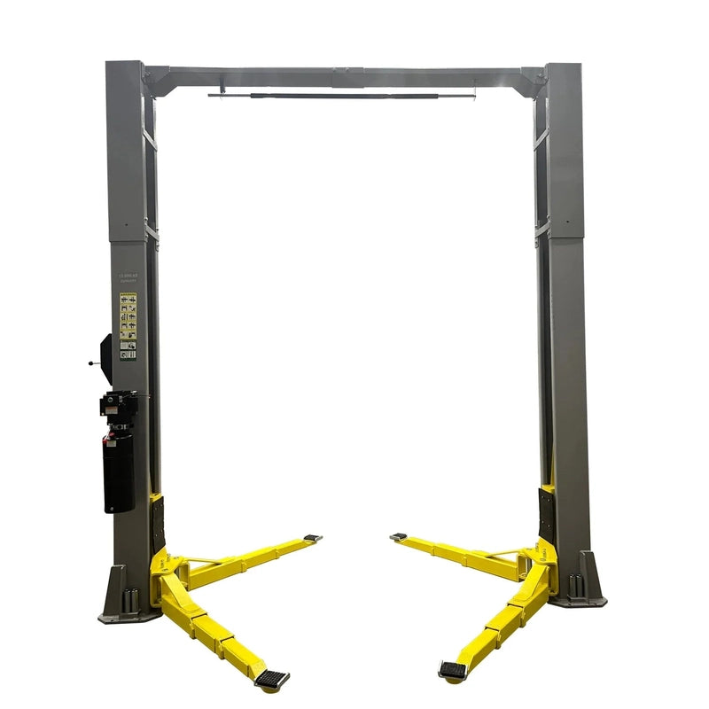 Front view of Triumph NTO-13A two-post lift with four yellow swing arms extended
