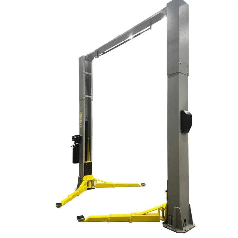 Triumph NTO-13A two-post overhead lift, angled view showing columns, overhead beam and power unit