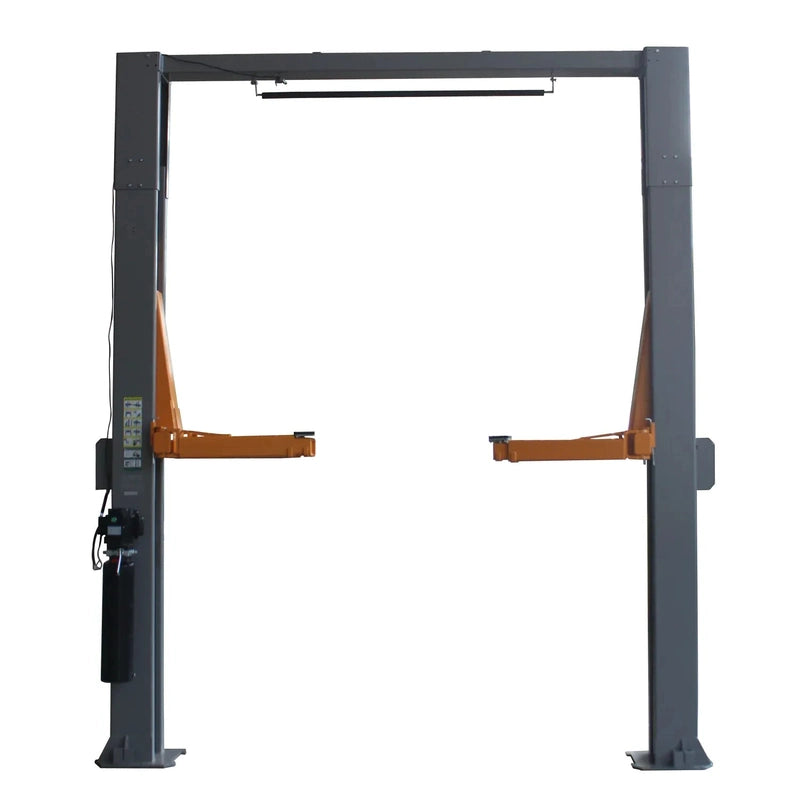 Triumph NTO-16 two-post lift front view, swing arms extended at lifting position