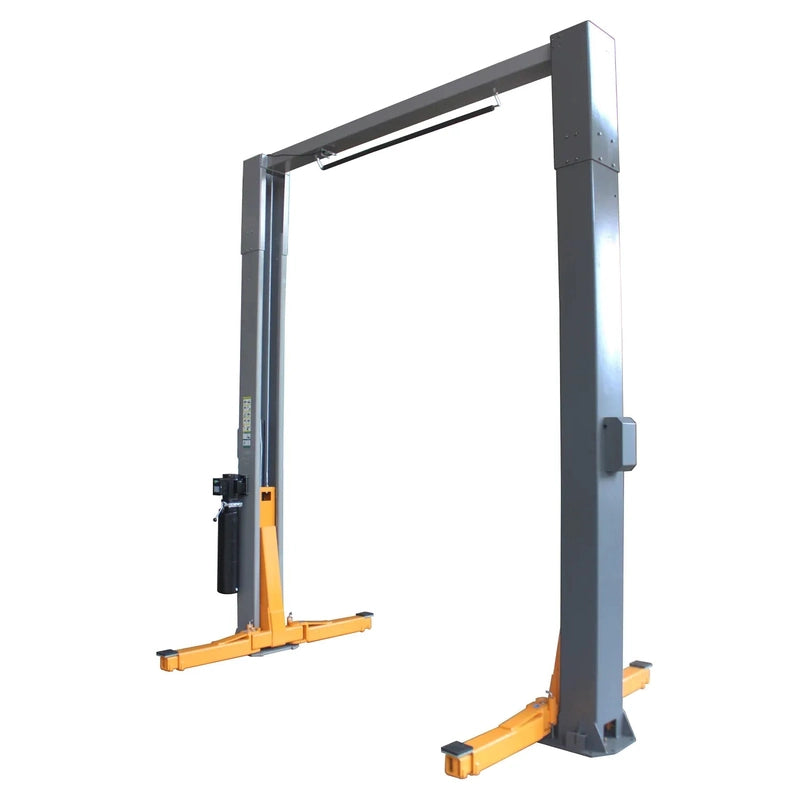 Triumph NTO-16 two-post lift three-quarter angle, swing arms folded against the column bases