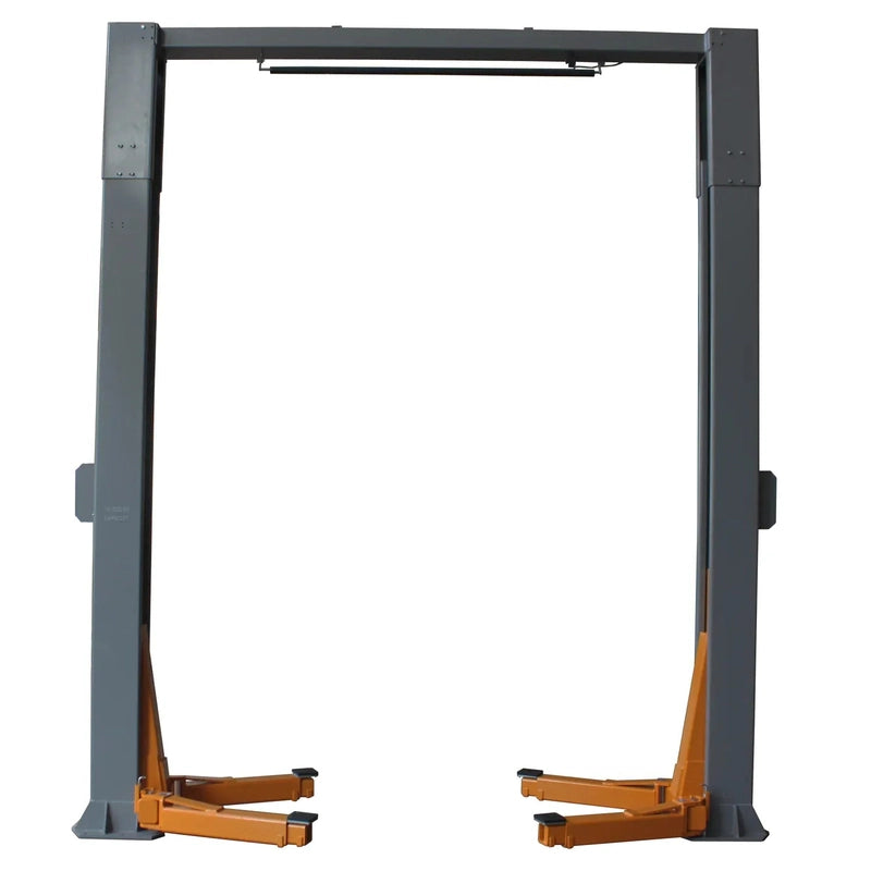 Triumph NTO-16 two-post lift front view, swing arms fully folded at base, columns and overhead crossbar visible