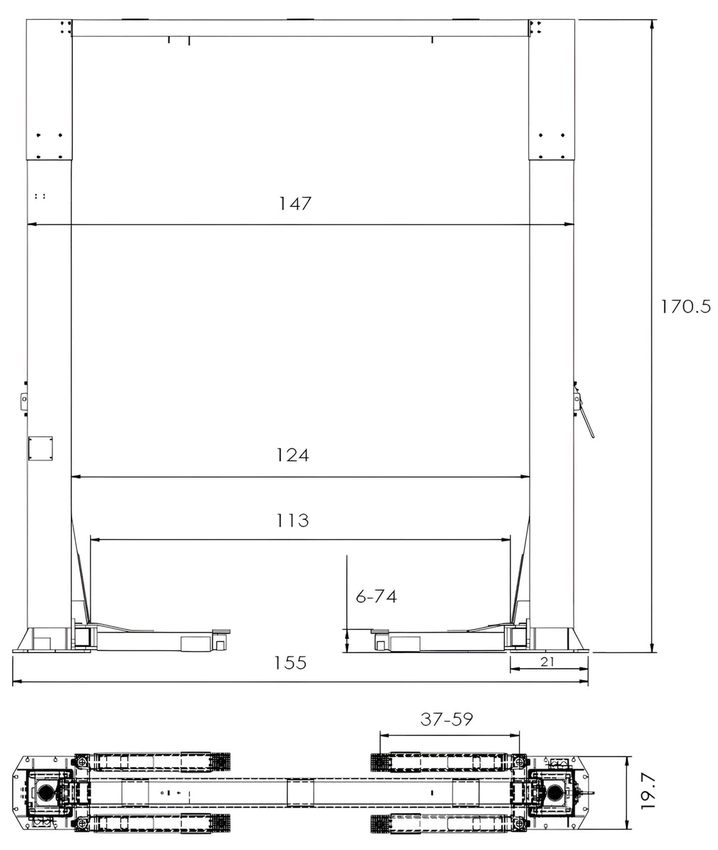 Triumph NTO-20S dimensions diagram: 170.5 inch overall height, 155 inch floor width, 124 inch between posts, 113 inch drive-thru, 6 to 74 inch lift range