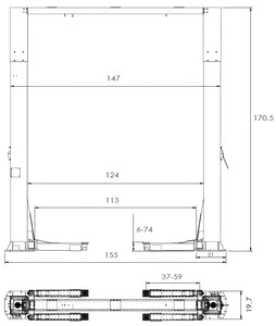 Triumph NTO-20S dimensions diagram: 170.5 inch overall height, 155 inch floor width, 124 inch between posts, 113 inch drive-thru, 6 to 74 inch lift range