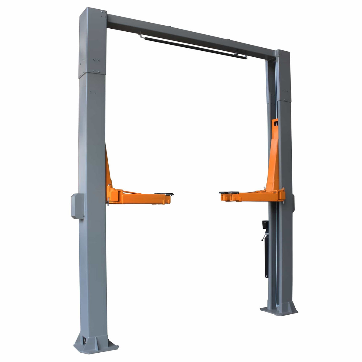 Triumph NTO-20S 20,000 lb 2-post overhead auto lift with gray columns and orange lifting arms partially raised at mid-height