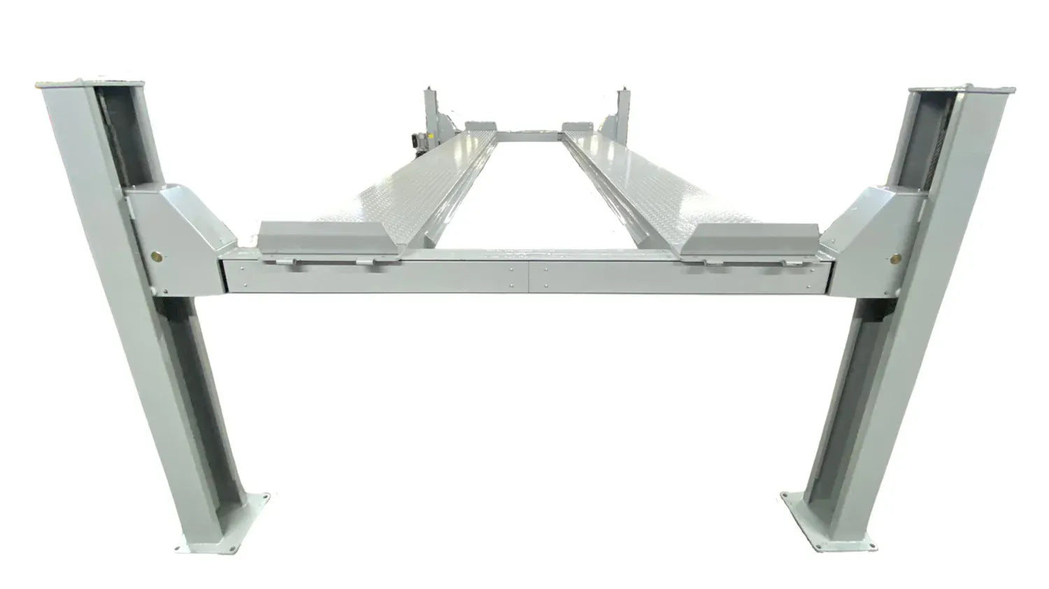Triumph NTR-16 four-post lift, front view of both front columns with center cross-beam between runways visible