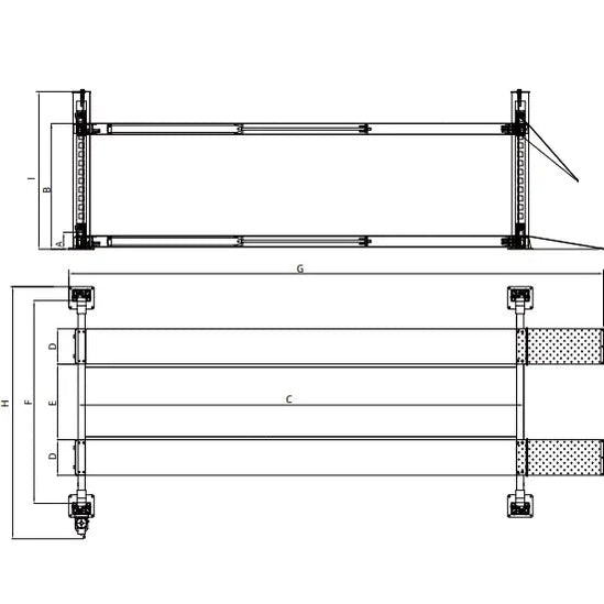 Side and top dimensional diagram of the Triumph NTR-16 four-post lift with letter-coded reference points