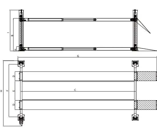 Side and top dimensional diagram of the Triumph NTR-16 four-post lift with letter-coded reference points