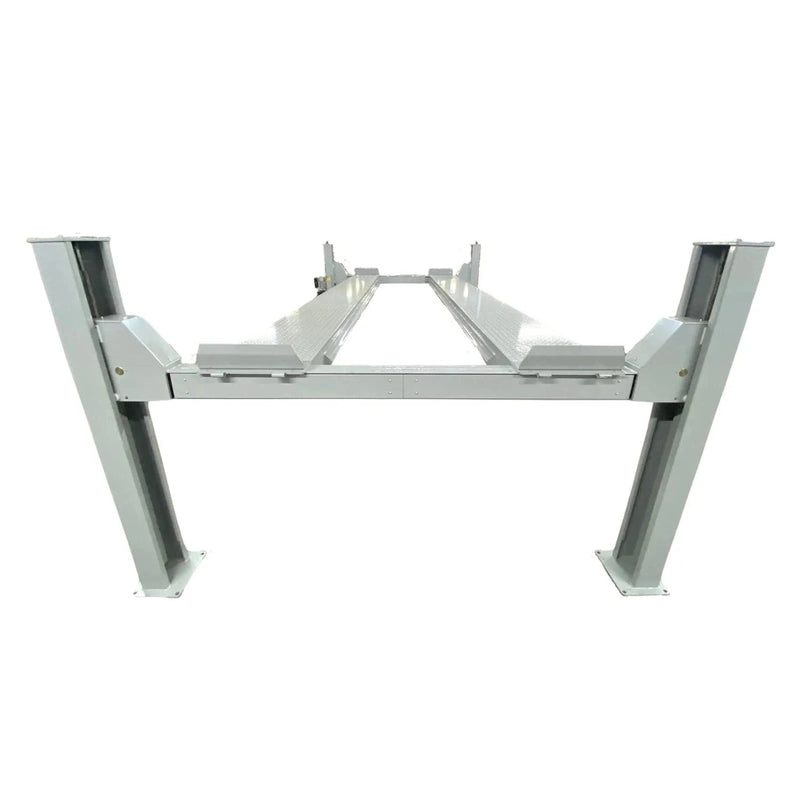 Triumph four-post lift end view showing four columns and runway frame
