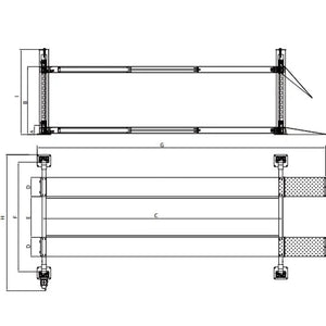 Triumph NTR-32 dimensions line-drawing diagram with letter callouts for height, length, runway, and column spacing (decode using the inline spec-comparison image)
