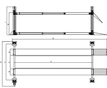 Triumph NTR-32 dimensions line-drawing diagram with letter callouts for height, length, runway, and column spacing (decode using the inline spec-comparison image)