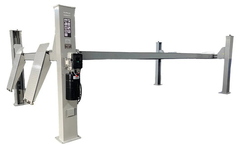 Triumph NTR-32 four-post lift side view with column, power unit, and approach ramps