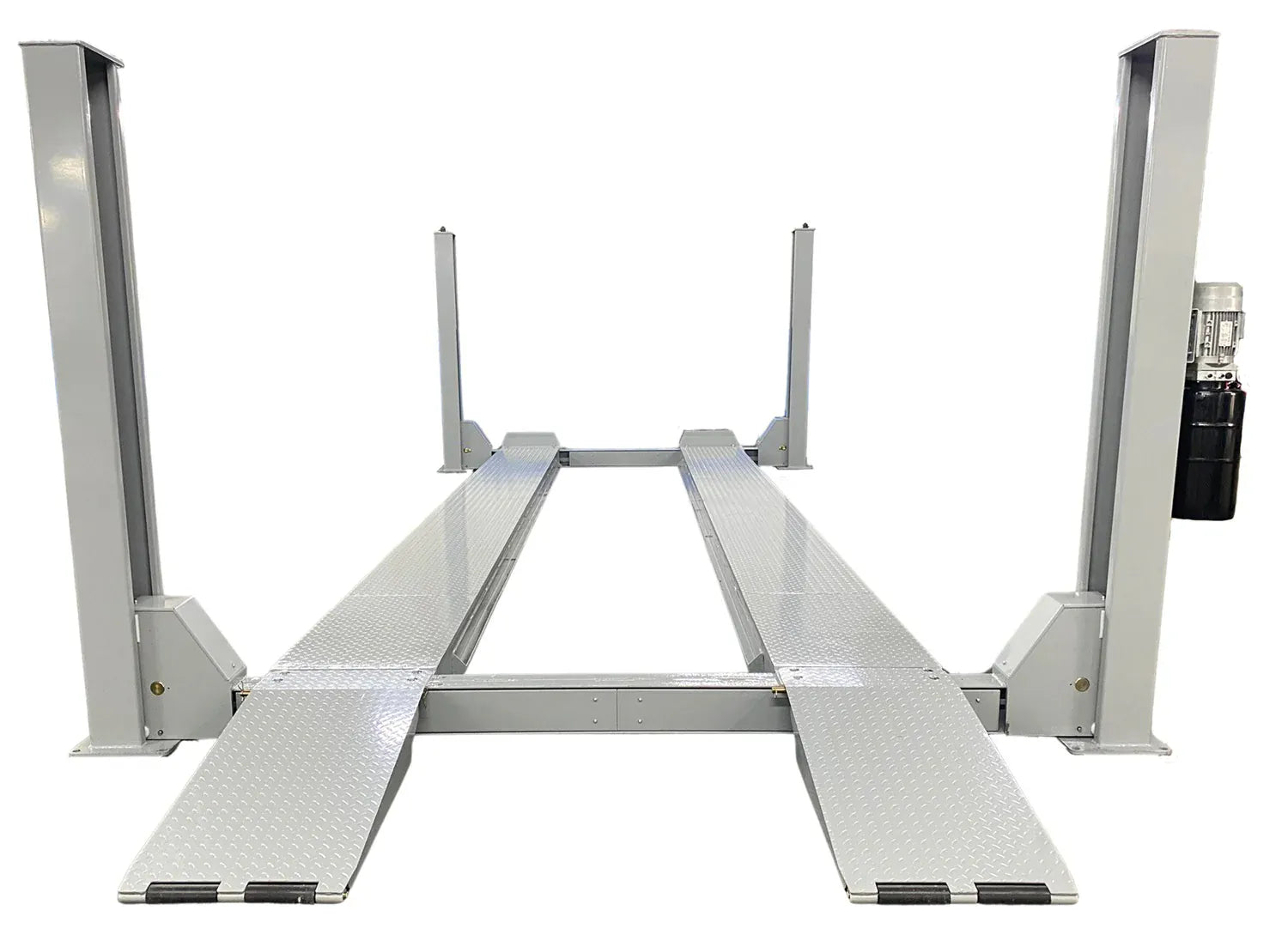 Triumph NTR-32 four-post lift, front view with diamond-plate runways and approach ramps deployed