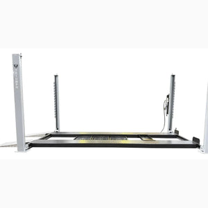 Triumph USA8000 four-post lift empty, full side profile, drip trays and jack tray between the runways