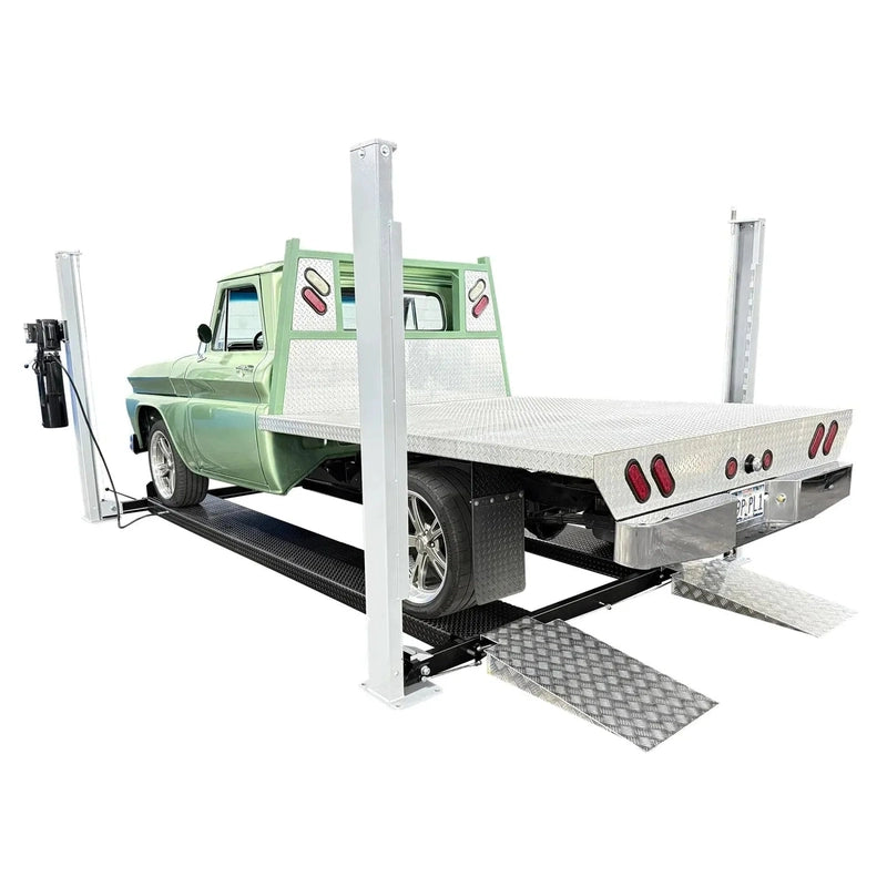 Rear three-quarter view of the USA8000XLT raised with a pickup and the drive-on approach ramps deployed